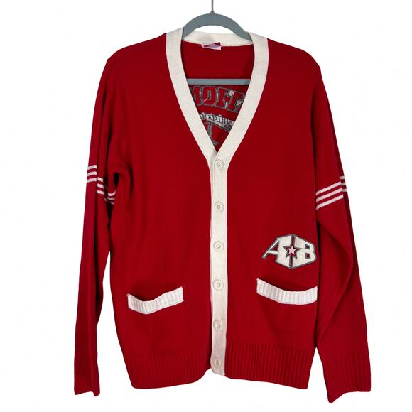 America's Best Sweaters - Retro Varsity Cardigan Sweater Red Preppy Cheerleader Y2K Letterman Halloween